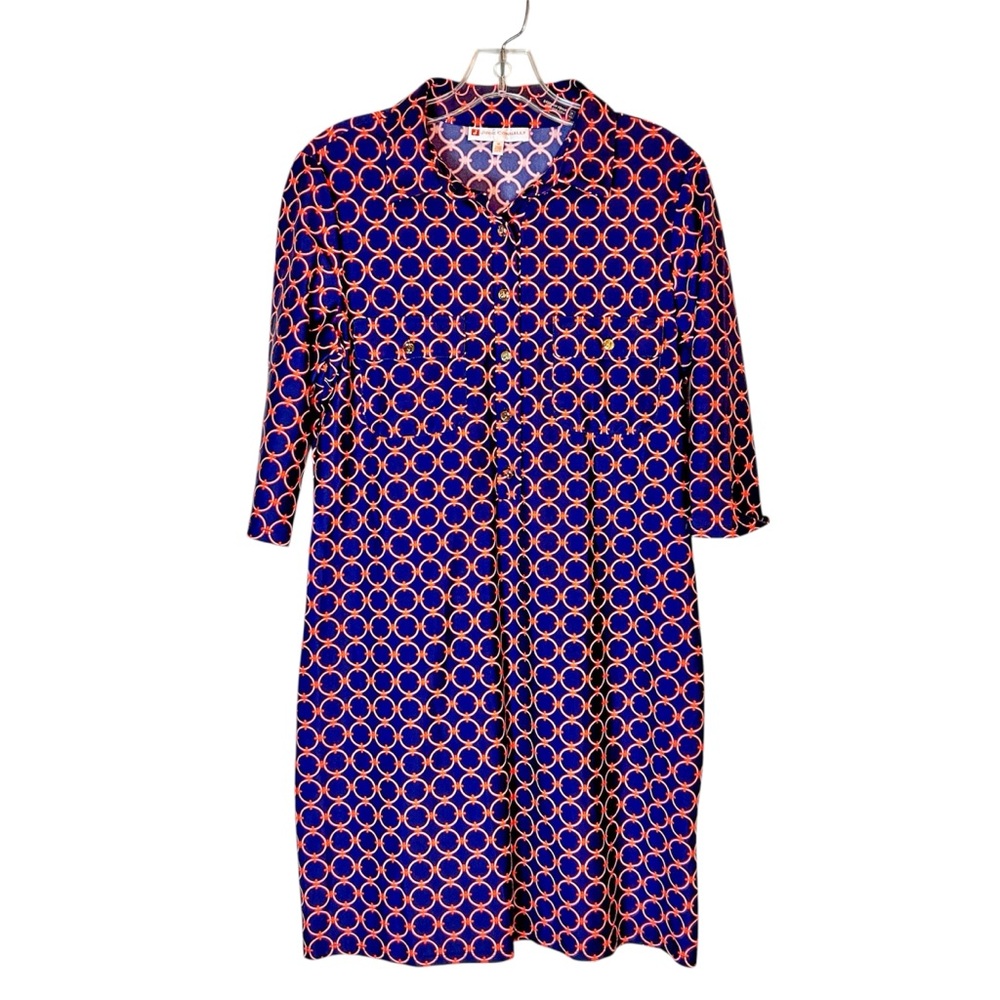 Jude Connally Geometric Print Shirt Dress Navy Pink Medium Made in USA